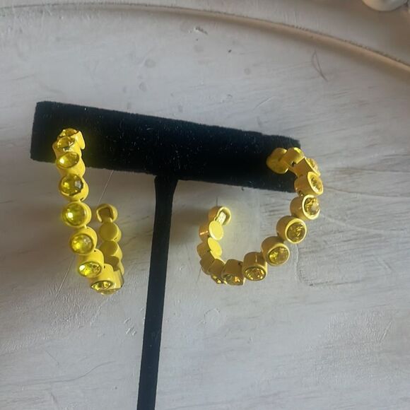 Yellow Powder Coated Rhinestone Hoop Earrings - Picture 5 of 12